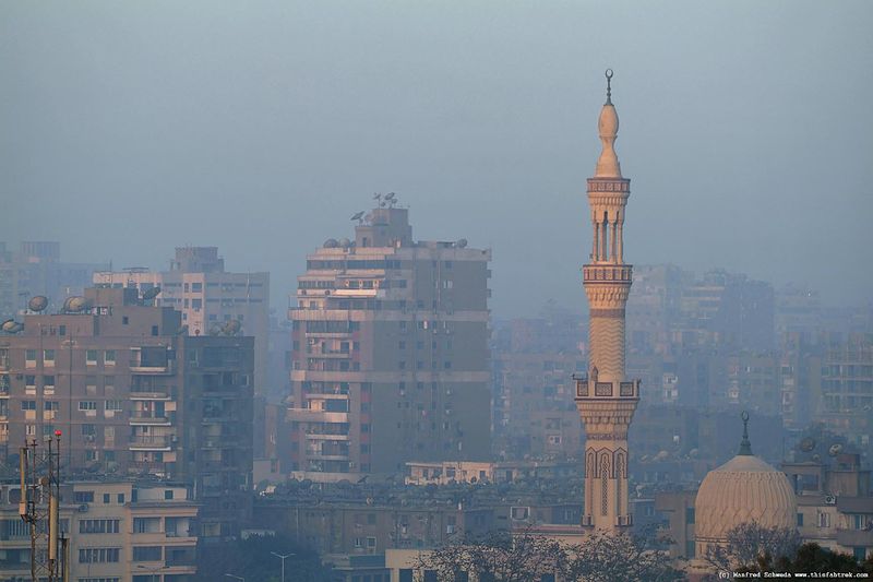 Morning, minaret, smog, Cairo.